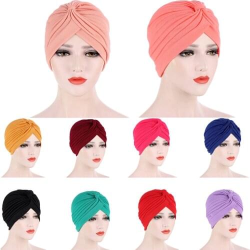 New Women Ruffle Solid Color Indian Hat Hijabs Turban Hair Cover Accessories Caps Bonnet Hat Turban Headwrap Beanies Skullies