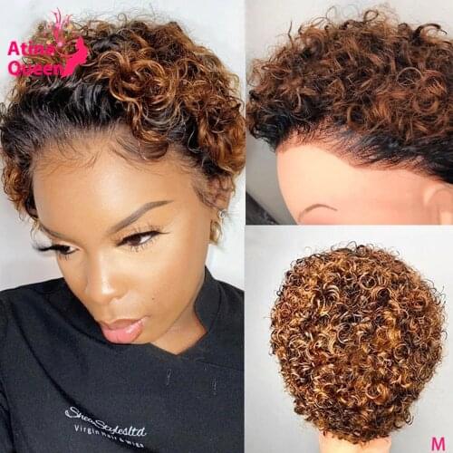 4X4 Ombre Pixie Cut Wig Colored Lace Front Human Hair Wigs Preplucked Short Curly Bob 150% Brazilian Remy Honey Blonde Wig