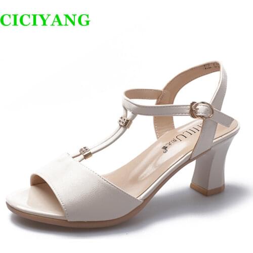 High Heels Sandals Women Genuine Leather New 2021 Chunky Heel Fashion Sandals T-shaped Lace-up Open Toe Shoes Ladies Footwear