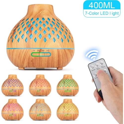 400ML Wood Grain Aromatherapy Essential Oil Diffuser Remote Control Ultrasonic Air Humidifier Cool Mist with 7 Color LED Light