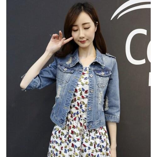 2021 Denim Jacket Womens Slim Korean Fashion 7 / 4 Sleeve Spring And Autumn Denim Coat Big Size Women Jackets With Holes 6XL