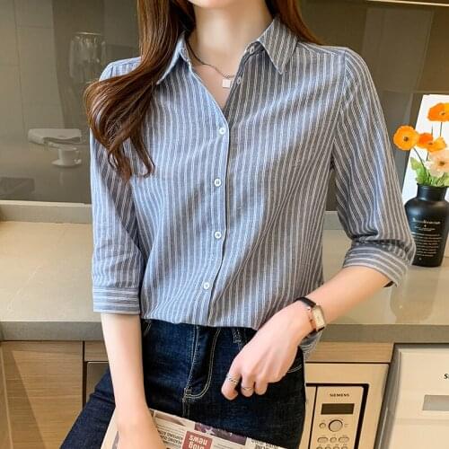 Chikichi Vertical Stripes Blue Shirt Women 2021 Spring and Summer New Three-quarter Sleeve Loose Blouse Shirt Women Plus Size