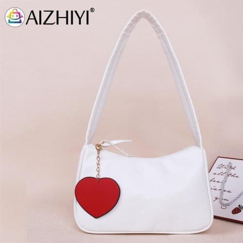 Fashion Women PU Leather Pure Color Red Heart Pendant Shoulder Underarm Bag Casual Ladies Small Top-handle Handbags Purse