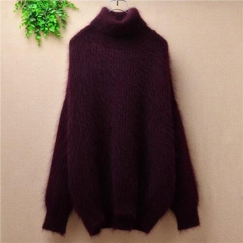 Female women fashion wine hairy stripe fluffy mink cashmere knitted turtleneck loose oversized pullover angora fur winter jumper