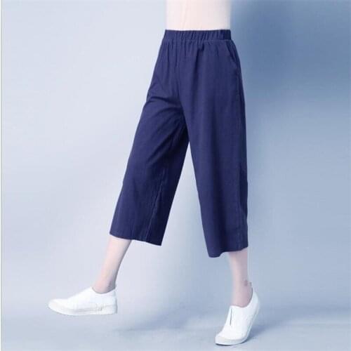 New Summer 2020 Women Cotton Linen Wide Leg Pants Solid Elastic Waist Calf-Length Straight pants Plus Size Women Pants M-7XL