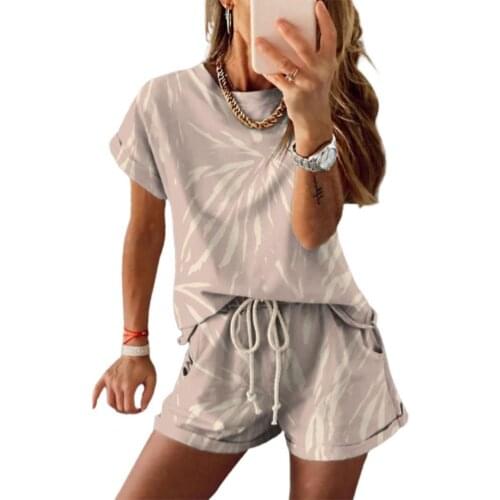Summer short sets for women 2021 Two Pieces Set Outfit Short Sleeve Tie Dye T-shirt Pockets Shorts for Sports Black XXL
