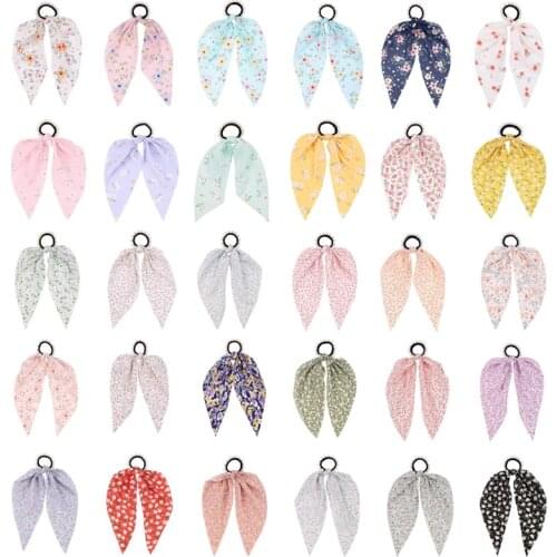 Simulated Pearl Bow Floral Print Scrunchies Hair Ribbon for Women Ponytail Scarf Satin Silk Elastic Hair Bands Hair Accessories