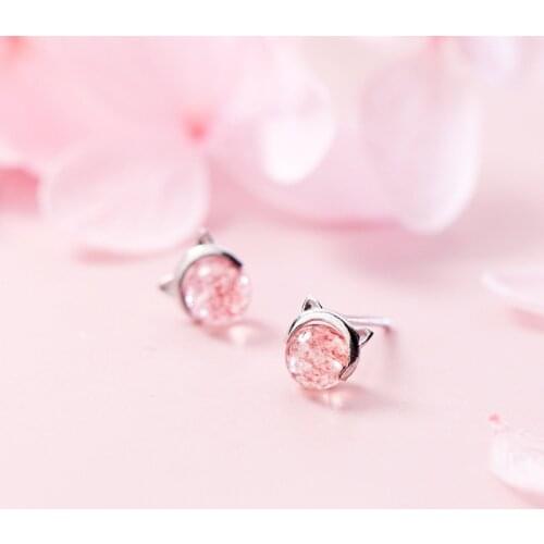 MloveAcc 100% 925 Sterling Silver Sweet Strawberry Crystal Stud Earrings for Women Cute Cat Earrings for Girls