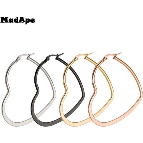 MadApe Women Heart Shaped Large Hoop Earrings Rose Gold Color Stainless Steel Round Circle Hyperbole Earrings Nightclub Jewelry
