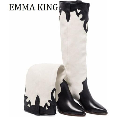 Autumn Winter Women Boots Pointed Toe Knee High Boats Beige Black Suede Western Cowboy Boots Slip On Chunky Heels Woman Boots