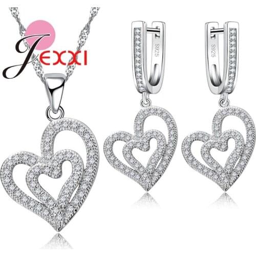 Fashion Top Quality Double Heart Design Full Clear Micro CZ 925 Sterling Silver Bridal Wedding Jewelry Set Women