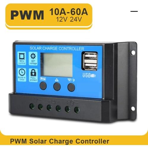60A/50A/40A/30A/20A/10A 12V 24V Auto Solar Charge Controller PWM Controllers LCD Dual USB 5V Output Solar Panel PV Regulator