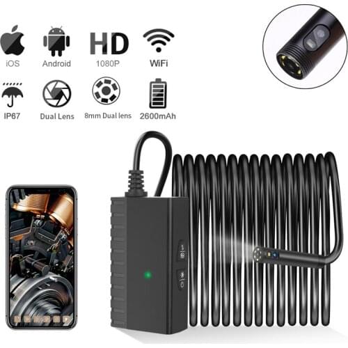 8MM Dual Camera Endoscope 2.0MP Wireless Inspection Endoscope Hard Wire With 6 LED Snake Pipe Camera For IOS /Android Phone