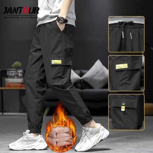 Black Cargo Pants Men 2020 Hip Hop Trousers Winter Fleece Harem Pants Streetwear Harajuku Jogger Sweatpant Male Pants Size M-3XL