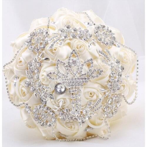 15cm Different Styles Bride Bouquets Bridal Wedding Holding Flowers With Diamond Pearls Ivory Rose Decoration Party Buque Noiva
