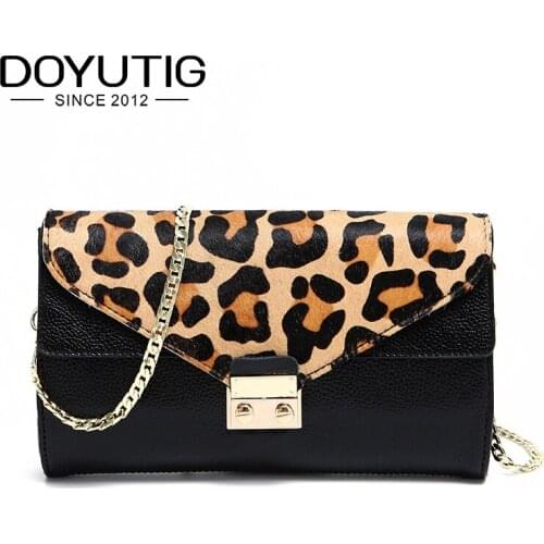 DOYUTIG European Women Genuine Leather Horse Hair Day Clutches Luxury Leopard Pattern Lady Money Purses Lady Wedding Bags A209