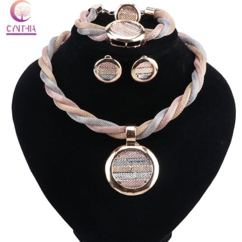 Dubai Gold Color Wedding Pendant Necklace Earrings Bracelet Ring Sets For Women Brides Jewelery Costume Crystal Jewellery Sets
