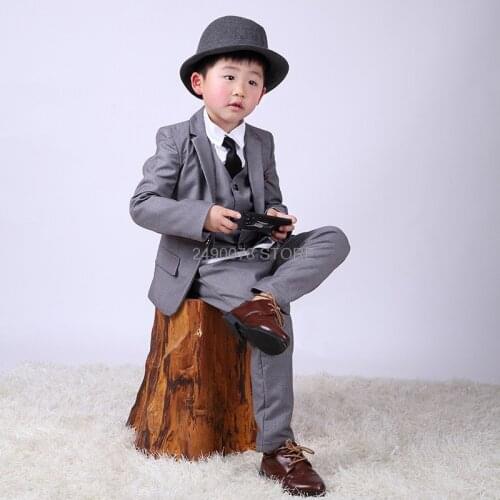 Gentleman Kids Wedding Tuxedos Jacket Vest Pants 3Pcs Flower Boys Formal Suit Children Party Performance Dress Costume