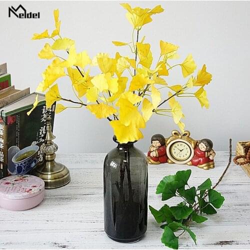 Meldel Artificial Ginkgo Leaf 3 Forks Maidenhair Tree Handmade Plant DIY Wedding Bouquet Flower Arrangement Supply Ginkgo Biloba