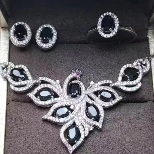 Natural dark blue sapphire Ring necklace Earrings Natural Gemstone Jewelry Set S925 Silver Elegant Peacock Women party jewelry