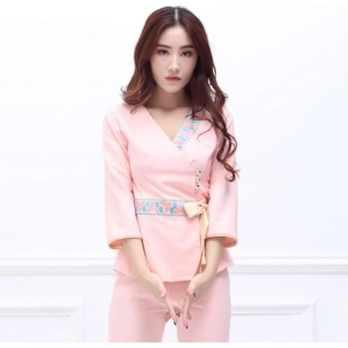 Pink SPA overalls Beautician working clothing tooling technician sauna bath foot bath massage foot short sleeved uniforms summer