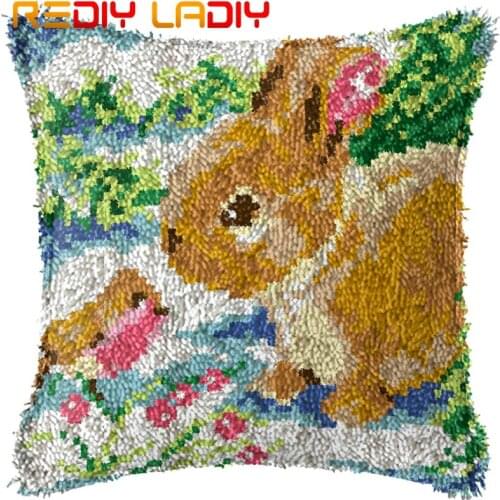 Latch Hook Cushion Rabbit & Bird Pre-Printed Canvas Cushion Front Acrylic Yarn Crochet Pillow Case Kit Hobby & Crafts Home Decor