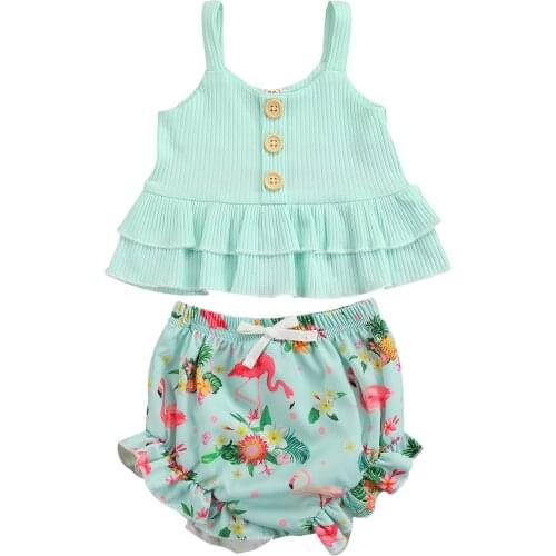 2 Pcs Infant Summer Outfits, Baby Girl Sleeveless Solid Color U-shaped Neck Ruffle Tank Top + Flamingo Print Shorts 6M-4T