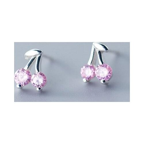 MloveAcc Romantic Minimalist Pink CZ Cherry Stud Earrings Real 925 Sterling Silver Fashion Jewelry for Women Birthday Party Gift