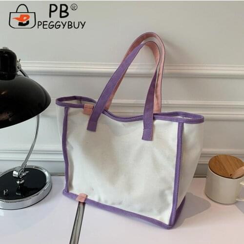 Fashion Women Canvas Shoulder Shopping Bag Ladies Contrast Color Travel Tote Handbags Large Capacity Hand Bags