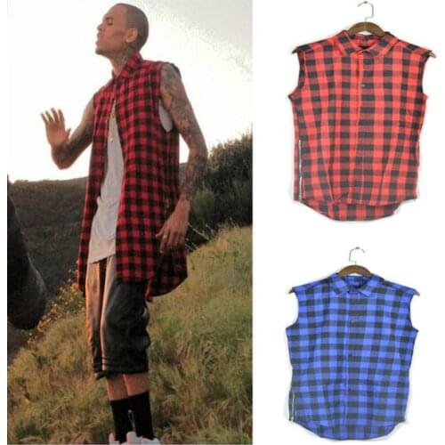 Chris plaid shirt outfit men Hip hop men clothes fashion side zipper Black /white/blue/ red plaid shirts sleeveless long men