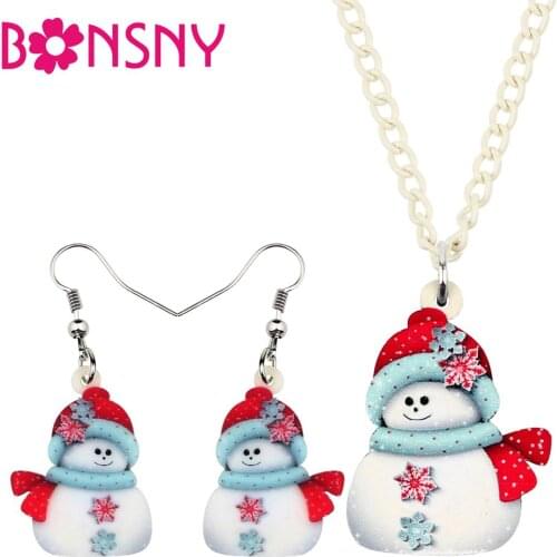 Bonsny Acrylic Christmas Anime snowflake Snowman Jewelry Set Necklace Earrings Festival Decorations Jewelry Lady Girls Gift 2019