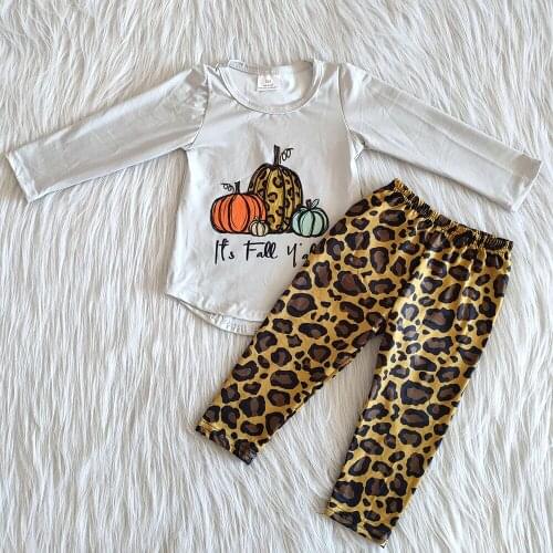 Solid color top match leopard pants kids clothing halloween girl pumpkin outfit high quality girl clothing set