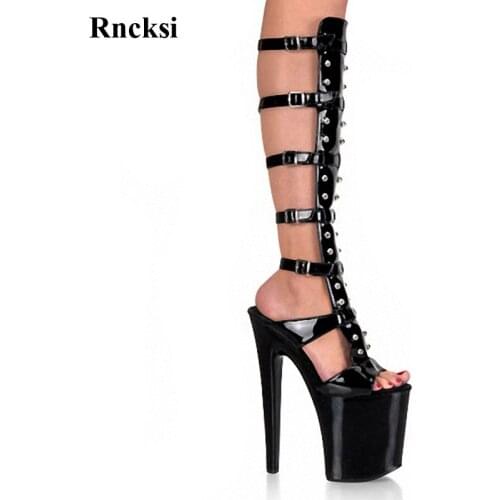Rncksi New Women Boots Party Quee Chick Heels Cut Out Shoes Boots Dance Shoes 20cm Heels High Knee High Boots