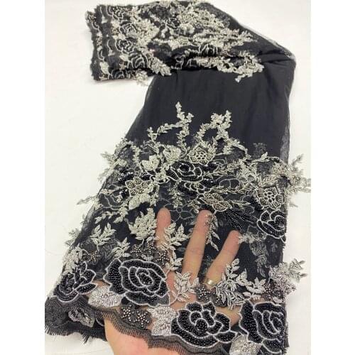 2021 Luxury Handmade Beads Lace Fabric Black French Wedding Dress Latest Nigeria Embroidery White Good Price With Beaded