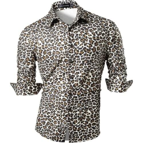 Sportrendy Men Shirts Dress Casual Fashion Leopard Print Slim Fit Stylish Design Shirt Tops JZS005 Yellow US size M-XXL