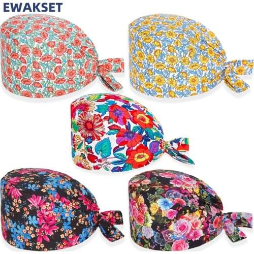 New Women Scrub Hats Floral Printing Adjustable Beauty Salon Workers Nursing Cap Laboratory Working Hat Pet Shop Surgicals Caps