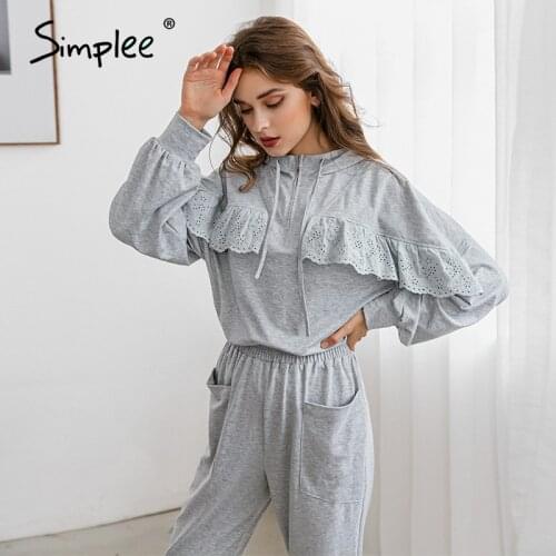 Simplee Casual solid drawstring lace tracksuit women Spliced elastic band pockets two piece set Home autumn winter sport suit