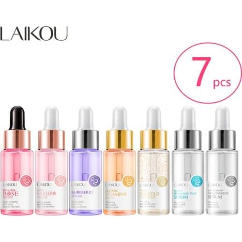 LAIKOU 7 Bottles Gold Snail Sakura Hyluronic Acid Vitamin C Rose Blueberry Serum Anti Aging Whitening Japan Essential Face Serum