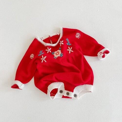0-24M Newborn Baby Girl Knitting Sweater Bodysuit Long Sleeve Embroidered Flower Warm Knitted Jumpsuit One Pieces Clothes