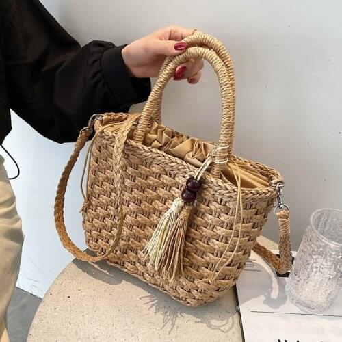 Bohemian Stylish Beach Tassel Straw Handbag Women Summer Knitting Top Handle String Crossbody Shoulder Messenger Bag Bucket NEW