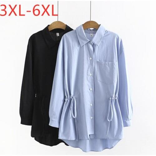 New 2021 Ladies Spring Autumn Plus Size Tops For Women Large Long Sleeve Loose Casual Cotton Blue Pocket Shirt 3XL 4XL 5XL 6XL