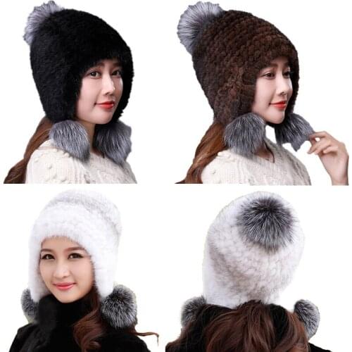 Real Mink Fur Hat For Women Winter Warm Christmas Earmuffs Cap With Fox Fur Pom Pom