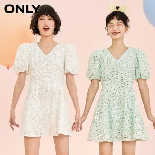 ONLY2021 summer new style V-neck puff sleeve hollow embroidered short-sleeved short dress female | 121307008