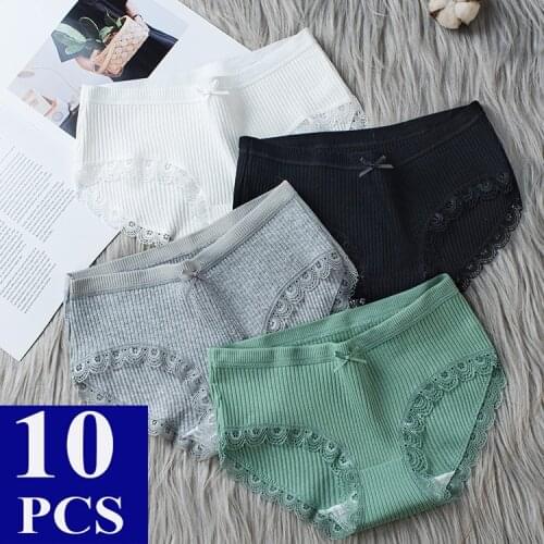 10Pcs/lot Sexy Lace Panties Women Cotton Underwear Cotton Panties Femme Bow-knot Underpants Women Shorts Pink Lingerie Mid-Rise