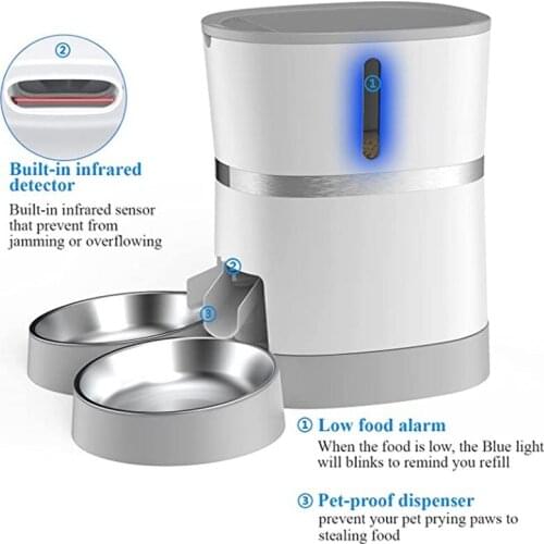 Automatic Cat Feeder, Feeder Food Dispenser for Cat & Small Dog with Two-Way Splitter Double Bowls Voice Recorder Battery Plug