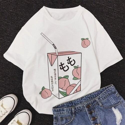 White T-shirt Harajuku Cute Kawaii Summer Casual Tshirt Tops Women Cartoon Peach Juice Japanses Aesthetic Grunge Pink T Shirt