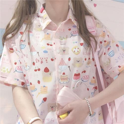 Summer Fashion Shirts Korean Style Women Short Sleeve Printed Lovely Loose Blouses Female Prevalent Sweet Turn-down Collar Tops