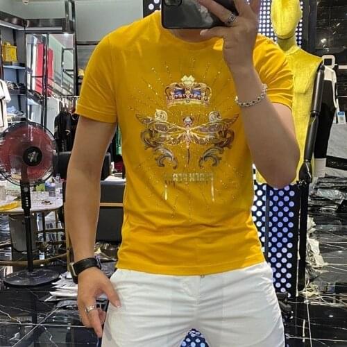 Mens T-shirt Slim Dragonfly Printing Handsome 2021 Summer New Personality Trend Fashionin In Europe Mercerized Cotton Male Top