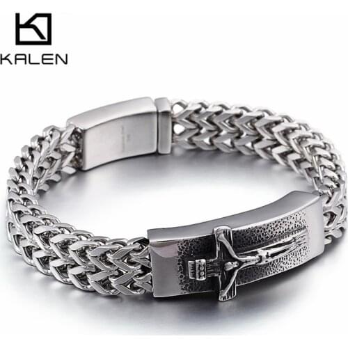 KALEN Classic Christian Jesus Cross Charm Bracelets For Men 23cm Stainless Steel Mesh Chain Link Bracelet Armband Prayer Jewelry