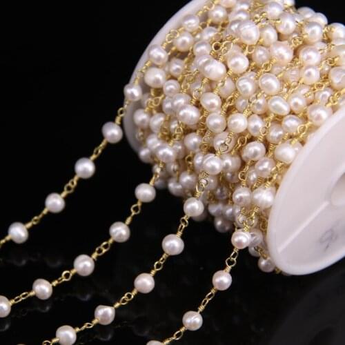 5Meter Natural Mussel Pearl Round Beads Link Rosary Chain,plated Gold Wire Wrapped Chain Necklace Fashion Jewelry Findings